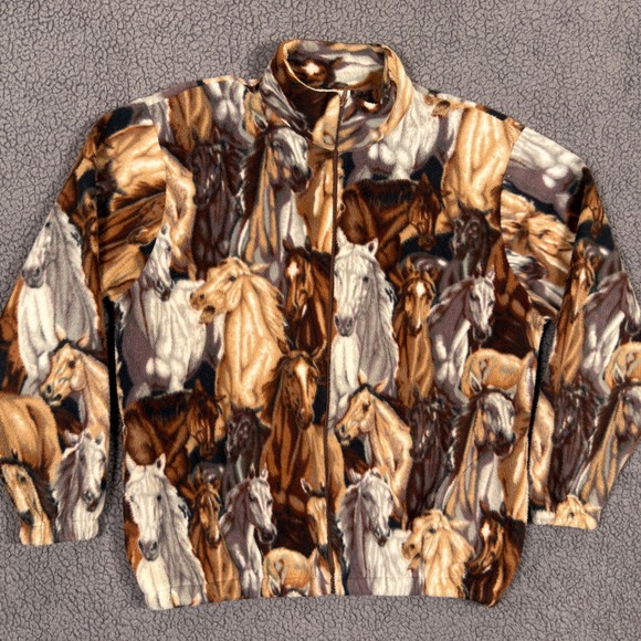 BonWorth Jackets & Blazers - Vintage BonWorth Horse Print Fleece Jacket Womens XS Brown Full Zip Equestrian